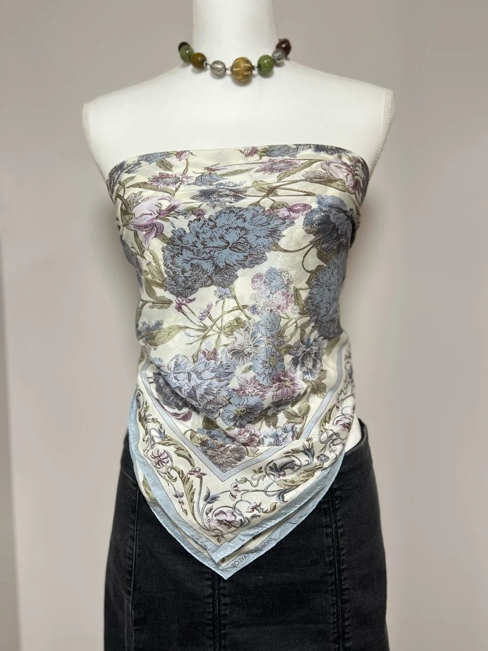 Vintage 1980s–90s 100% Silk Square Scarf Floral Pastel Blue Festival Cottagecore